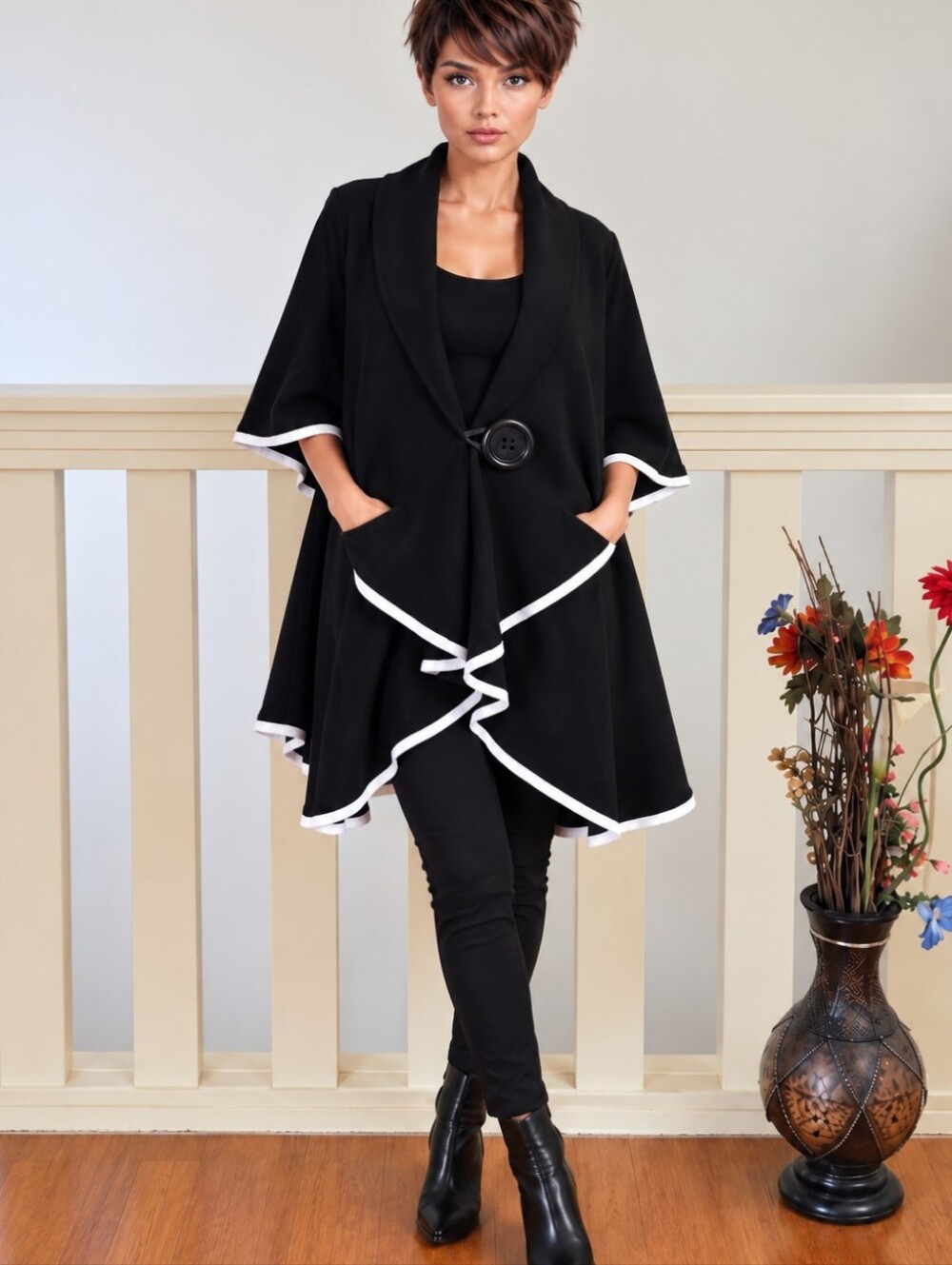 Black Quiet Luxury Cape | White Trim | Draped Statement Outerwear | 2 Pockets